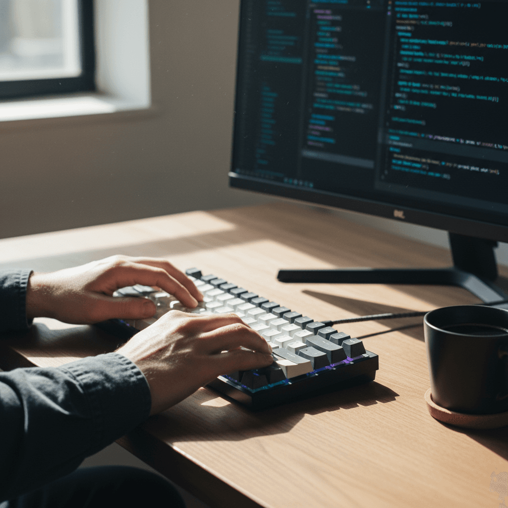 Developer working on mobile app at a desk with natural light
